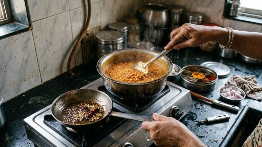 Hands stirring a pot of thick red lentil dal in a home kitchen.