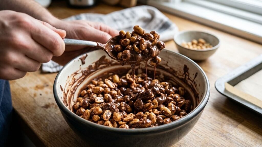 Roasted peanuts being stirred into melted chocolate in a mixing bowl.