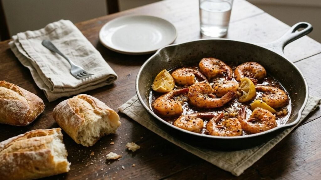 A serving of New Orleans BBQ shrimp with buttery sauce and pieces of crusty French bread.