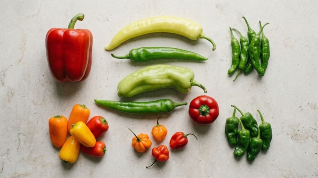 Nine varieties of sweet and mild peppers arranged together, ranging from large bell peppers to long, narrow and small wrinkled varieties.