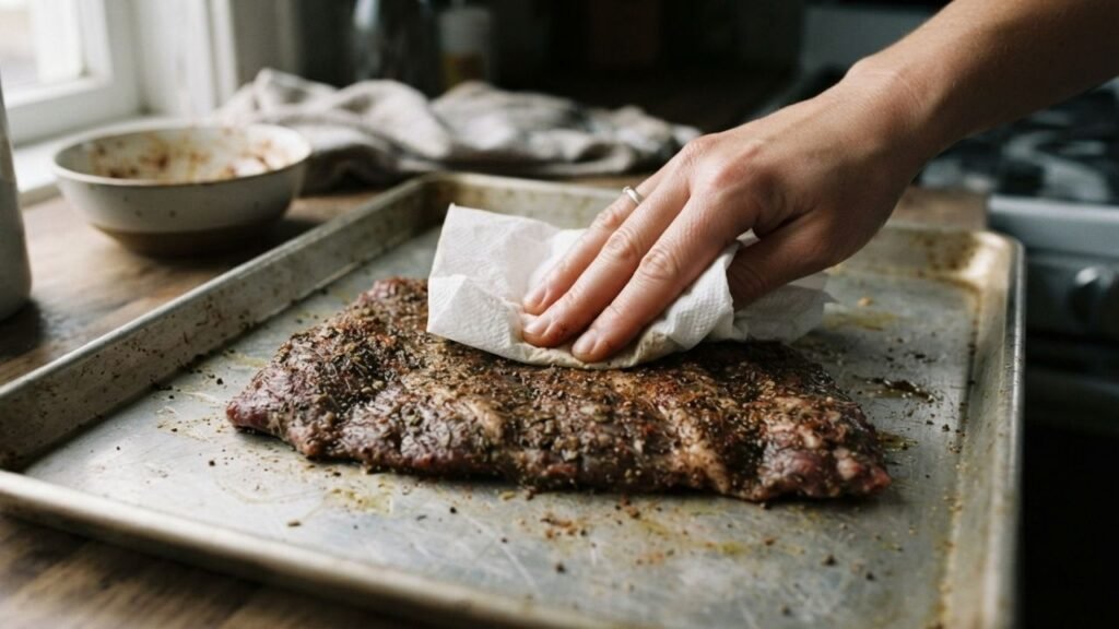 Hands patting excess marinade from a seasoned piece of skirt steak.