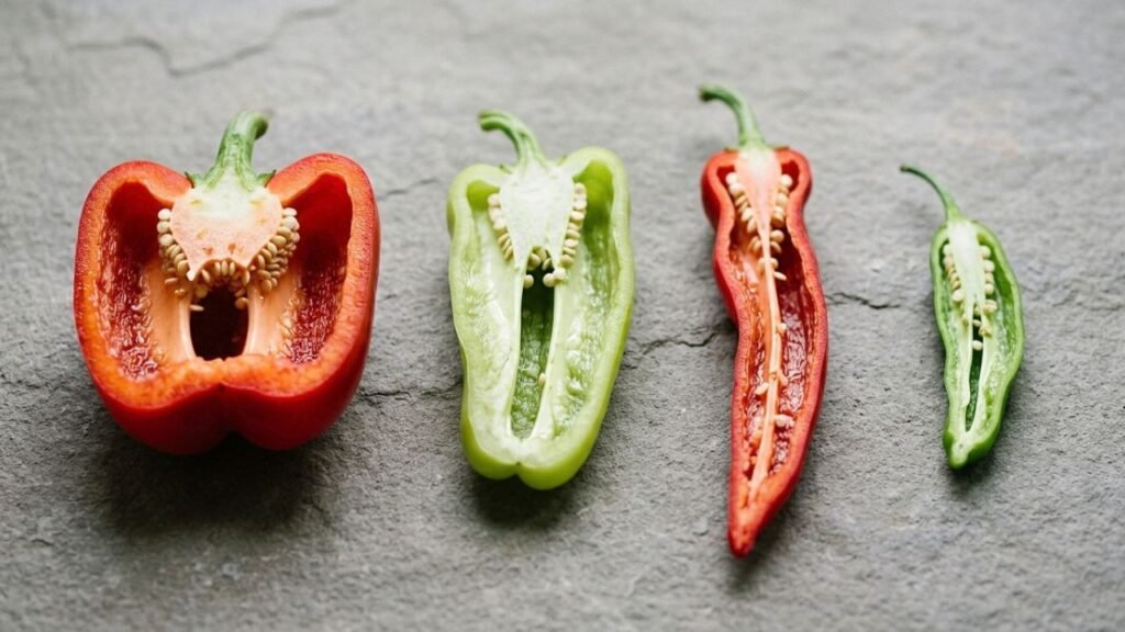 Cross-sections of several peppers showing differences in flesh thickness and internal chambers.
