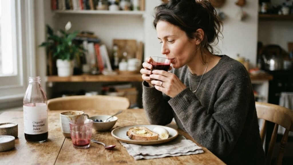 Person drinking a small glass of beetroot juice at a simple breakfast table.