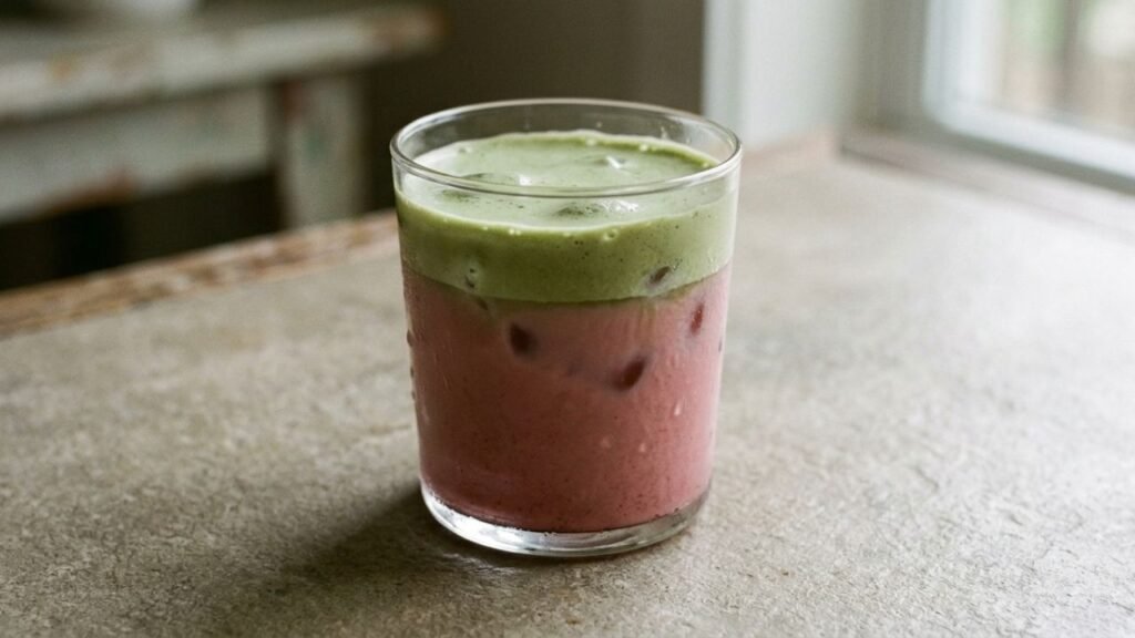 Green matcha foam layered over a pink iced strawberry drink.