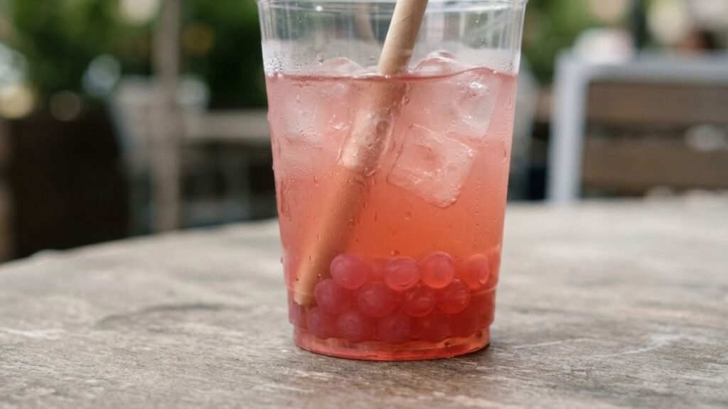 Translucent raspberry-colored popping pearls gathered at the bottom of a pink iced drink.