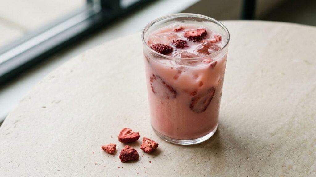 Strawberry pieces visible in a pink iced coconutmilk drink beside additional fruit.