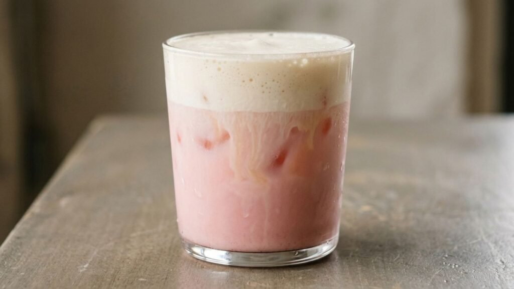 White vanilla cold foam resting on a pink iced strawberry drink.