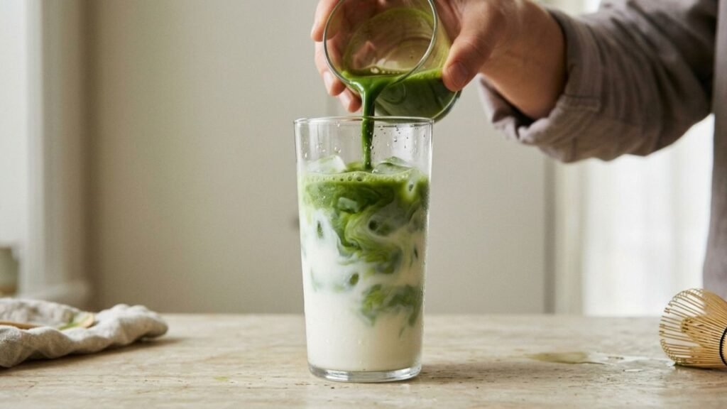 Green matcha being poured into a glass of iced milk, forming distinct layers.