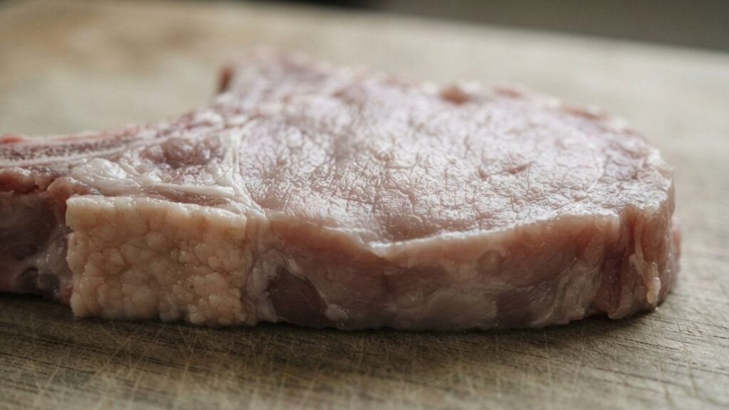 Close view of pale pink veal showing fine muscle texture and a modest amount of fat.