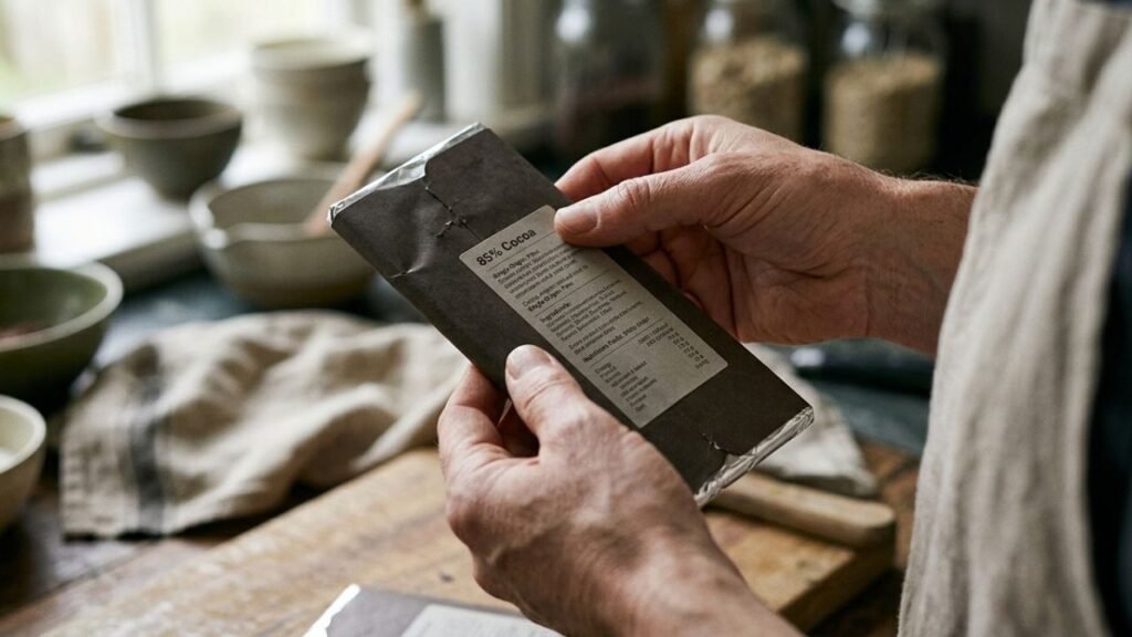 Hands examining the back label of a dark chocolate package.