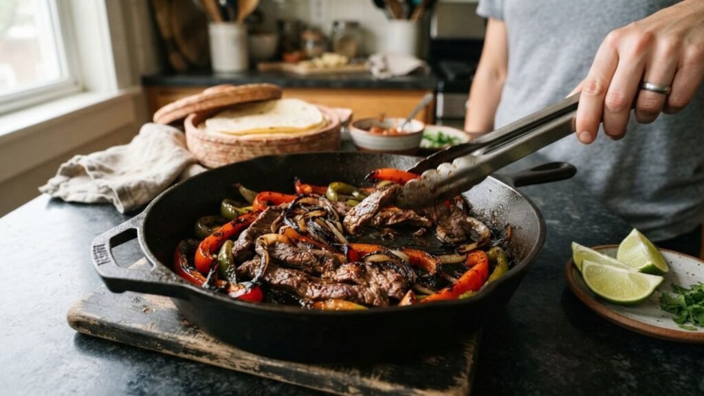 Skillet of browned steak fajitas with charred peppers, onions, and lime wedges.