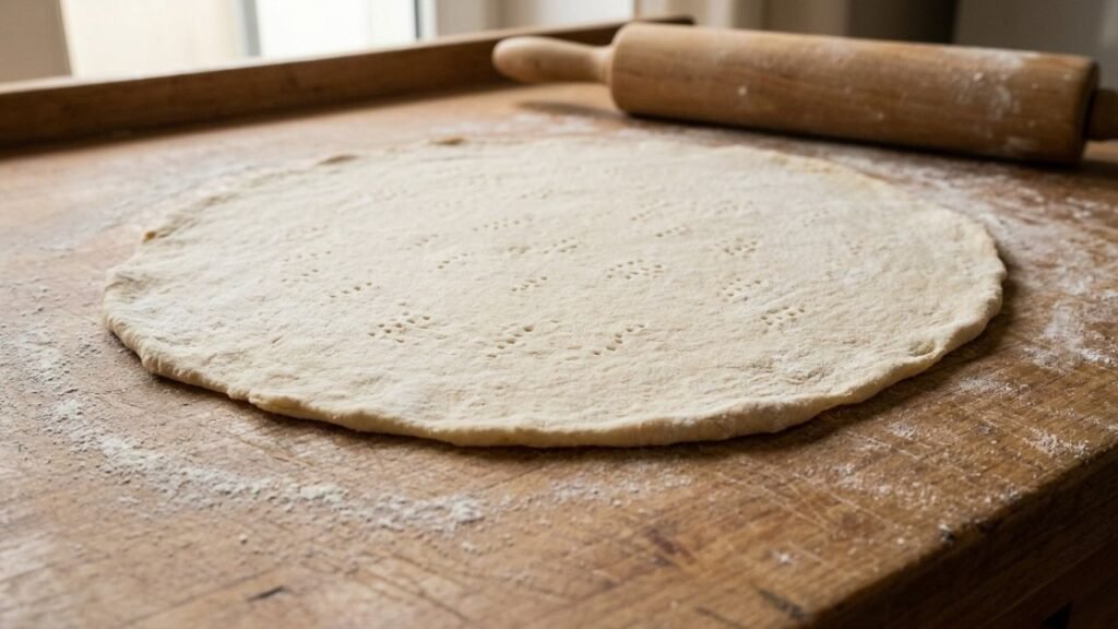 Thin round flatbread dough with fork marks beside a wooden rolling pin.