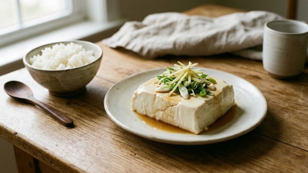 Soft silken tofu topped with ginger and scallions on a ceramic plate beside a bowl of rice.
