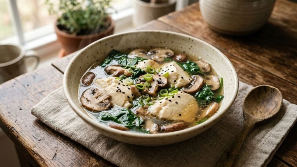 Bowl of mushroom and silken tofu soup with spinach and scallions.