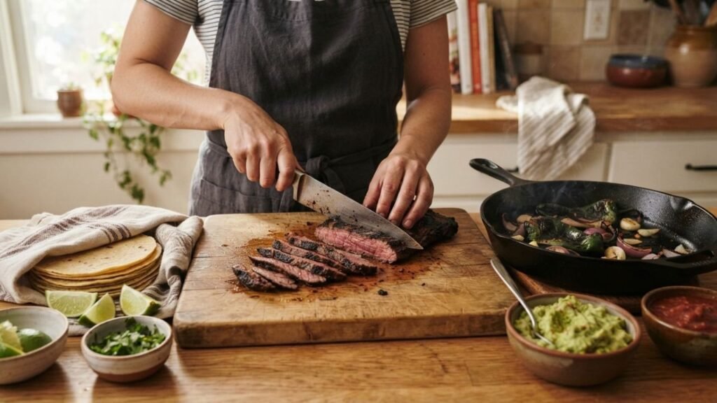 Cook slicing browned skirt steak against the grain beside peppers, onions, tortillas, and lime.