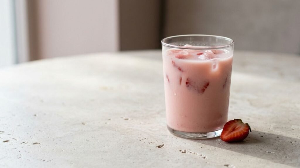 Pink strawberry refresher with ice and strawberry pieces in a clear glass on a pale stone table.