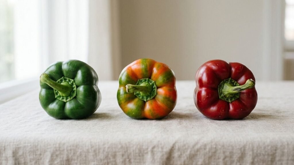 Three peppers of the same type shown from green through intermediate ripening to mature red.