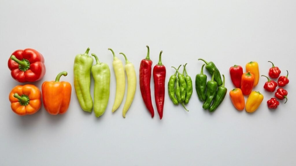 Sweet pepper varieties arranged from large blocky forms to long narrow and small compact peppers.