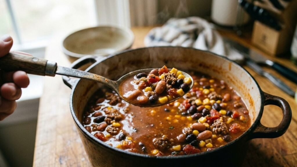 Spoon lifting brothy taco soup containing beans, ground beef, corn and tomatoes.
