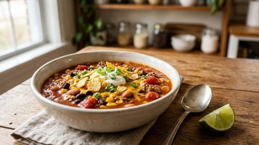 Bowl of taco soup with ground beef, beans, corn, tomatoes, cheese and tortilla chips on a wooden table.