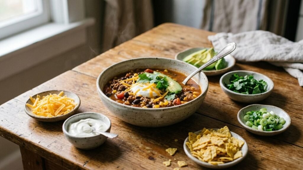 Bowl of taco soup surrounded by cheese, sour cream, avocado, herbs and tortilla chips.
