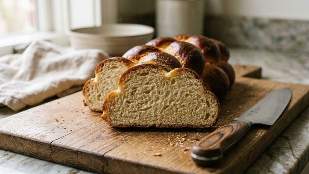 Thick slice of challah showing its soft braided crumb on a wooden cutting board.