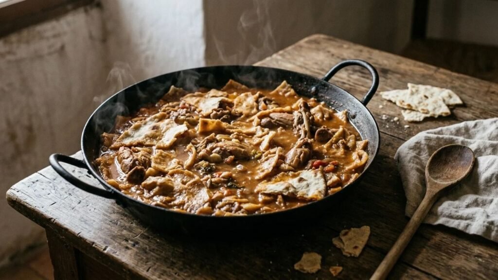 Pieces of flatbread soften in a reddish-brown gazpachos manchegos stew.