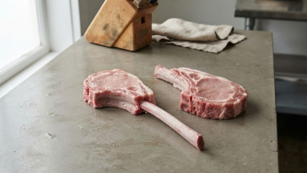 Two Frenched veal chops with different proportions of exposed rib bone to usable meat.