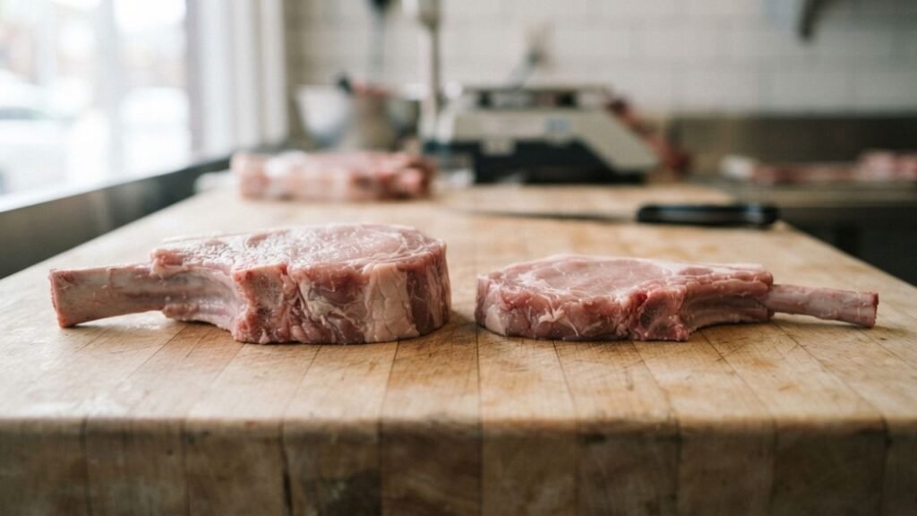 Two Frenched veal chops shown from the side, with one visibly thicker and more evenly shaped than the other.