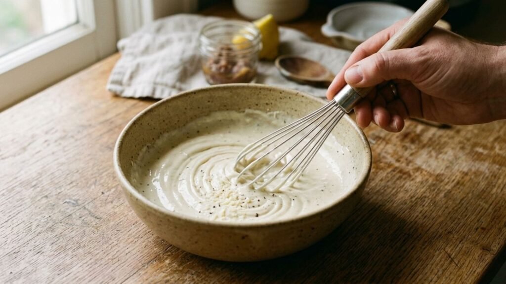 Hand whisking smooth Caesar dressing in a ceramic bowl.