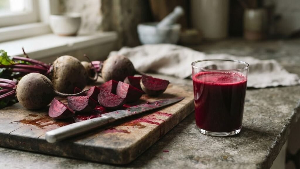 Whole and cut beetroot arranged beside a clear glass of beetroot juice.