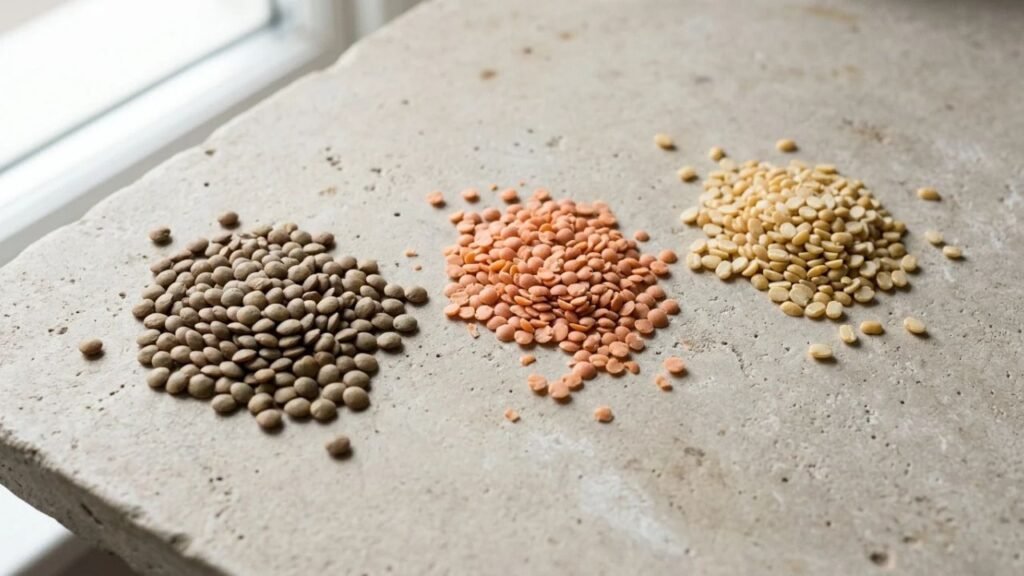 Whole green lentils beside red and yellow split lentils on a stone surface.